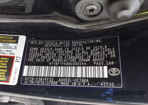 2017 Toyota Camry Se z USA, uszkodzony, nr VIN 4T1BF1FK6HU300244